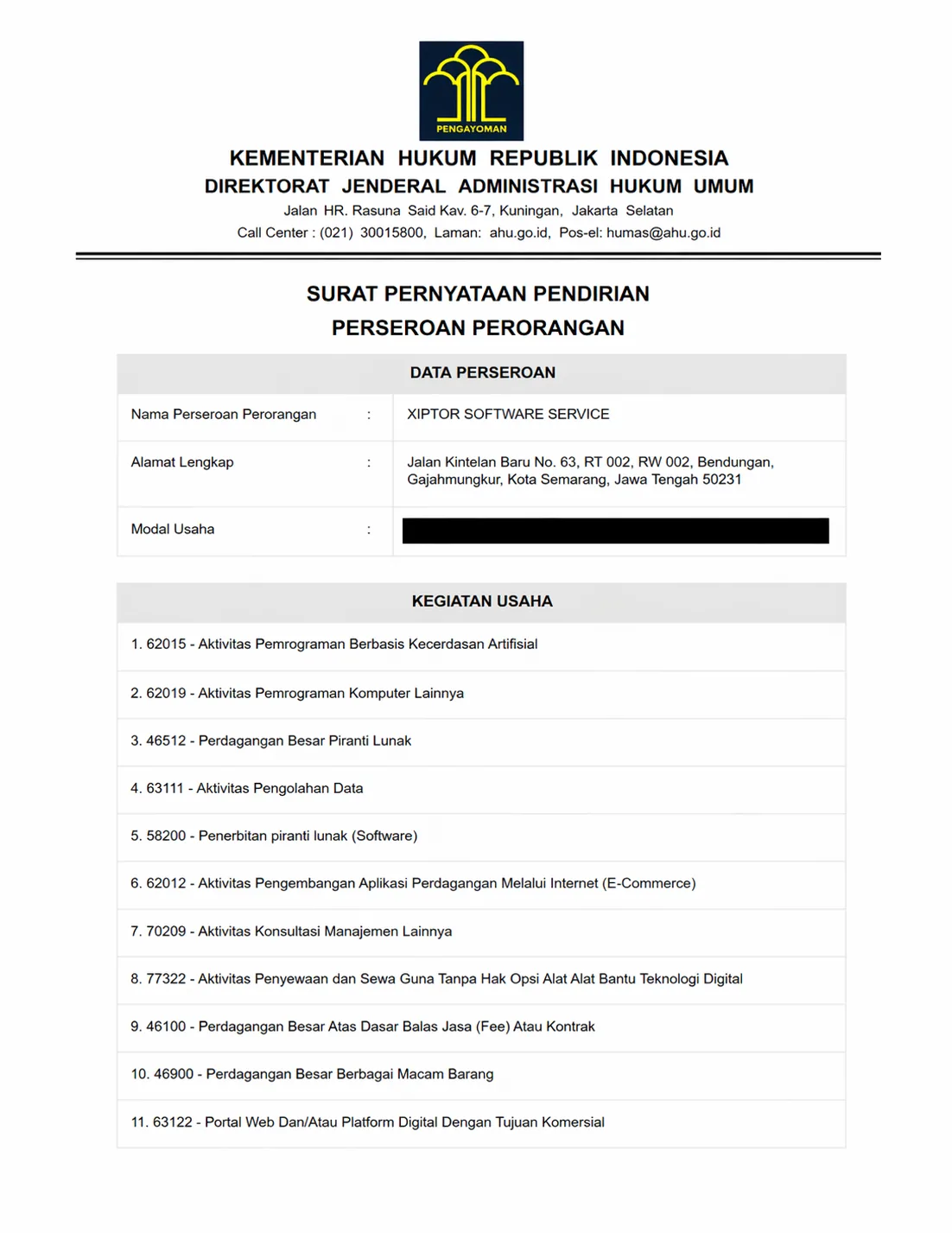 KBLI annex for PT XIPTOR SOFTWARE SERVICE, including code 62015 for AI-based programming activities